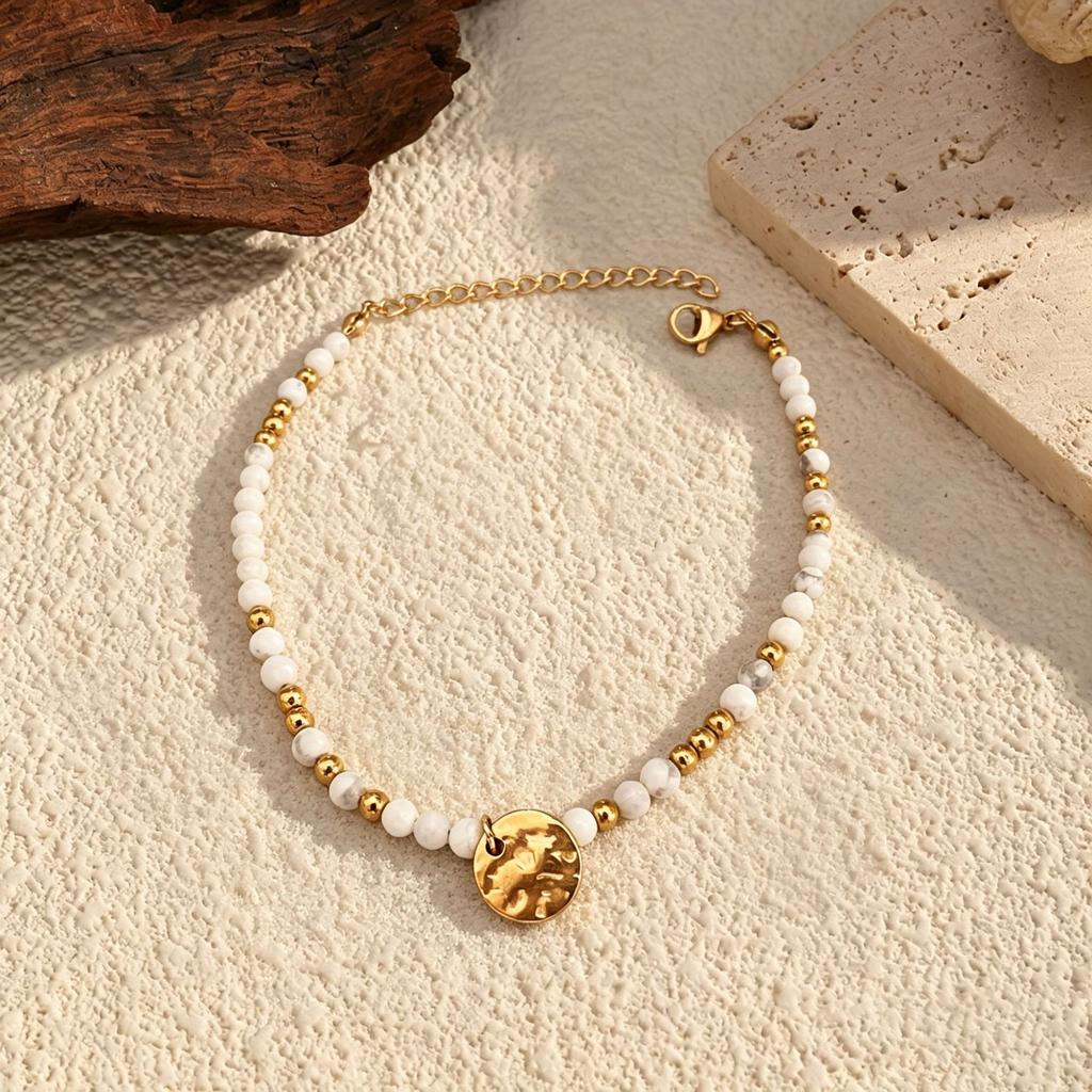 European and American retro natural stone beaded beating pattern pendant bracelet women's stainless steel gold-plated ethnic style niche hand jewelry