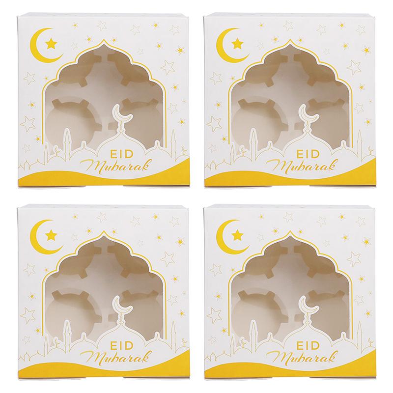 1/4pcs Eid Mubarak Cake Box Ramadan Kareem Muffin Cupcake Packing Boxes 2025 Islamic Muslim Party Decor Supplies Candy Gift Bag