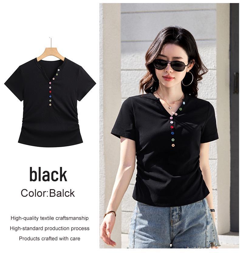 2026 Slim-Fit Short-Sleeve T-Shirt with Colorful Buttons - Korean Style Slimming, Versatile, and Sweet Women's Summer Top