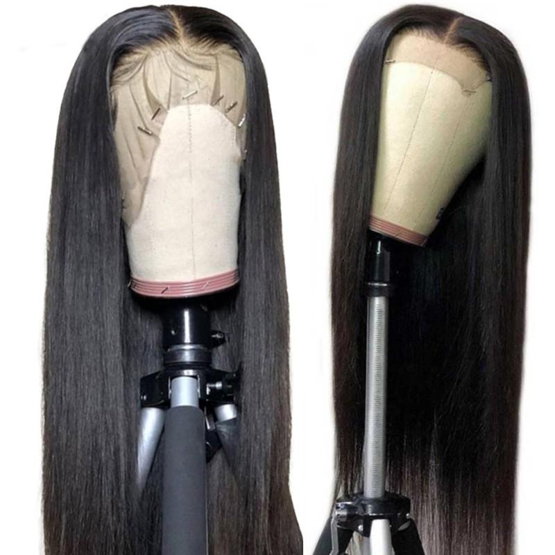 European American Hand-knitted Front Lace Wig Headgear Black Long Straight Hair Chemical Fiber T-shaped