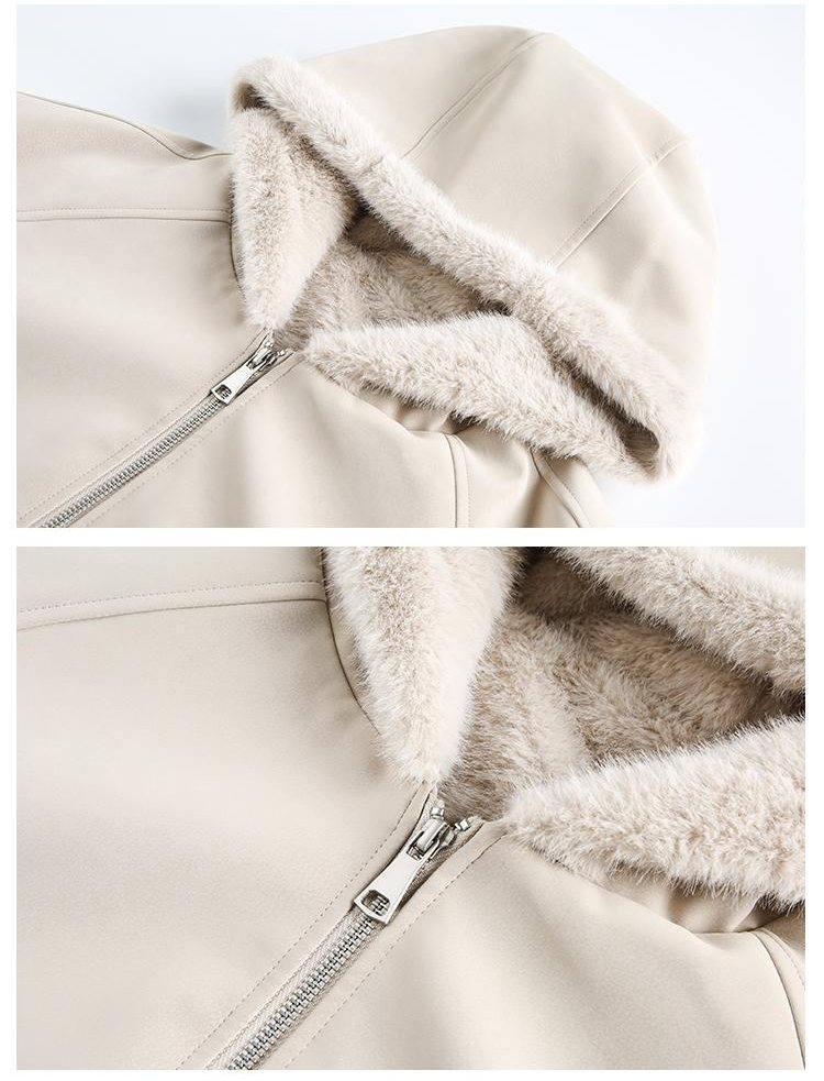Unisex Lychee Pattern Heavy-Duty Hooded Leather Jacket with Fur Collar - Thickened Winter Coat