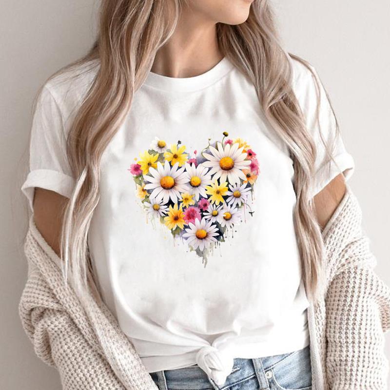 (Asian Size) T leopard flower Graphic Female Women's Clothing Top O-neck Tee Fashion Print Casual Short Sleeve T-shirts 