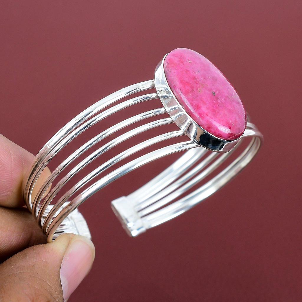 Rhodonite Bangle Gemstone Handmade Jewelry 925 Sterling Silver Cuff Bracelet Adjustable Bangle Very Pretty Rhodonite Jewelry Gifts for Mom