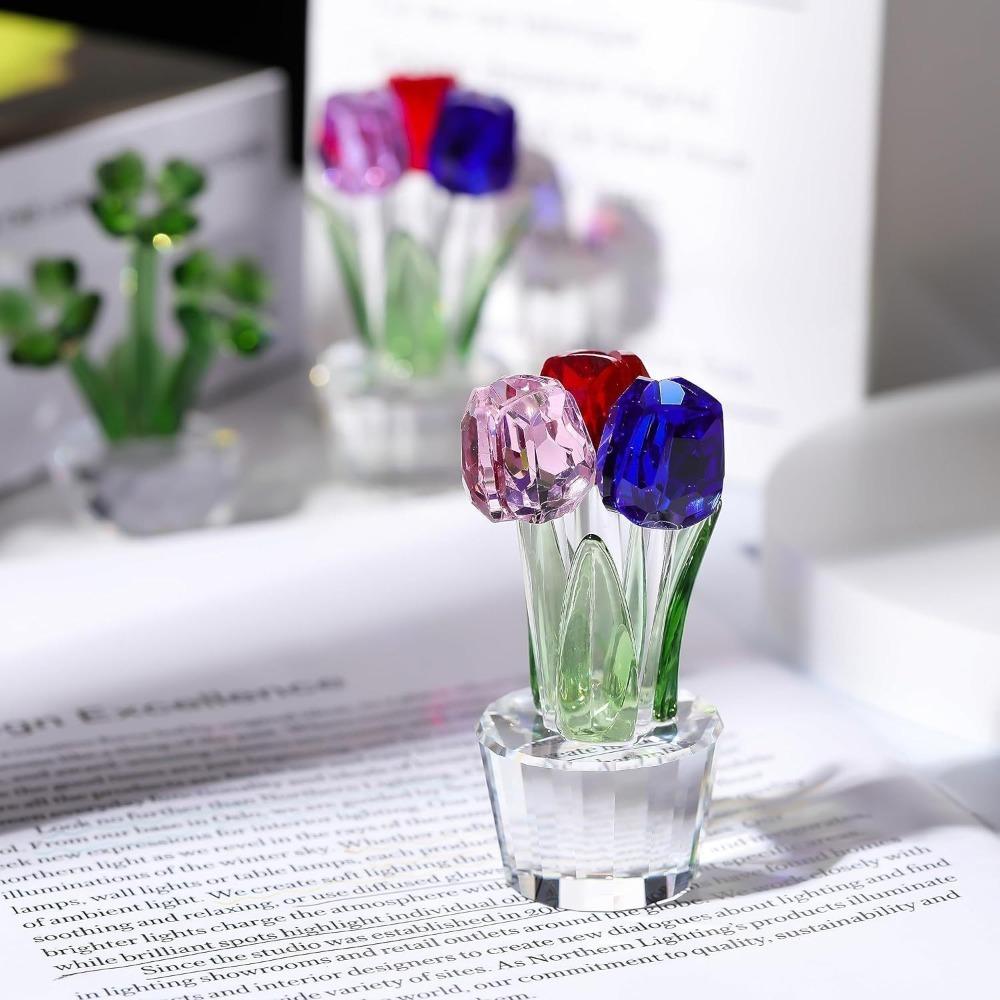 Creative Crystal Tulip Sculpture Colorful Handmade Tulip Bouquet Ornaments Reflect Small Desktop Floral Decorations