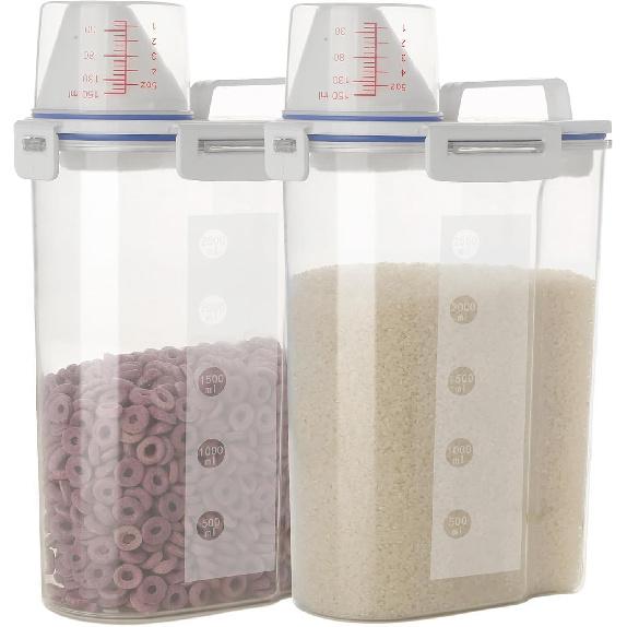 2 Pcs 5.5 LB Rice Storage Container, Airtight Cereal Flour Dispenser with Pouring Spout & Measuring Cup, Kitchen Plastic Clear Dry Food Storage Bin