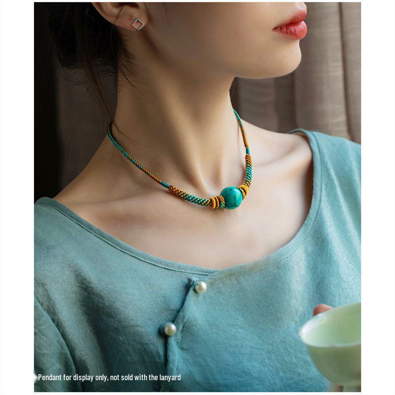 Hand-Woven Amber Turquoise Dzi Bead Sweater Chain for Men and Women