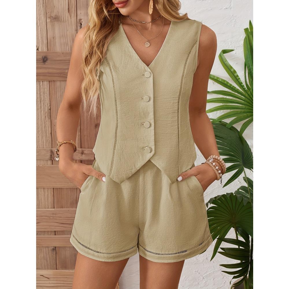 INS European and American design style all-cotton suit vest set, women's summer casual sleeveless vest and shorts two-piece set
