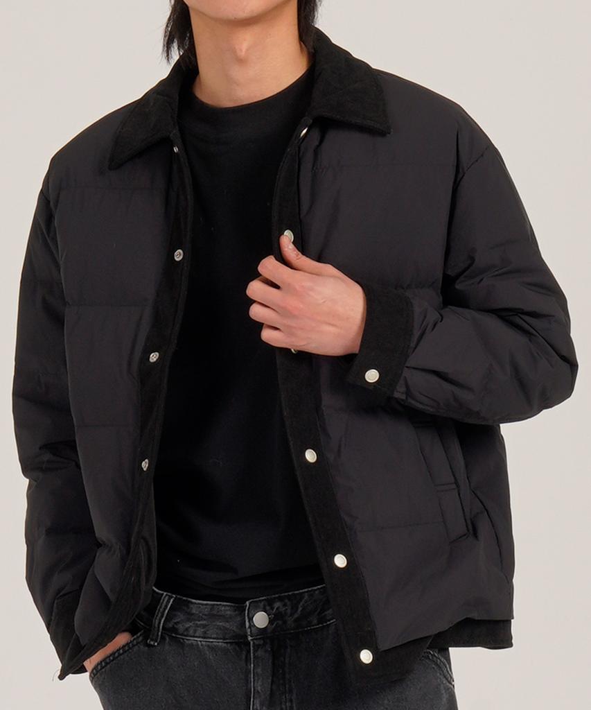 Button Seoul [Duck Down 80/20] Semi-Crop Corduroy Collar Padded Classic Jacket (Black)