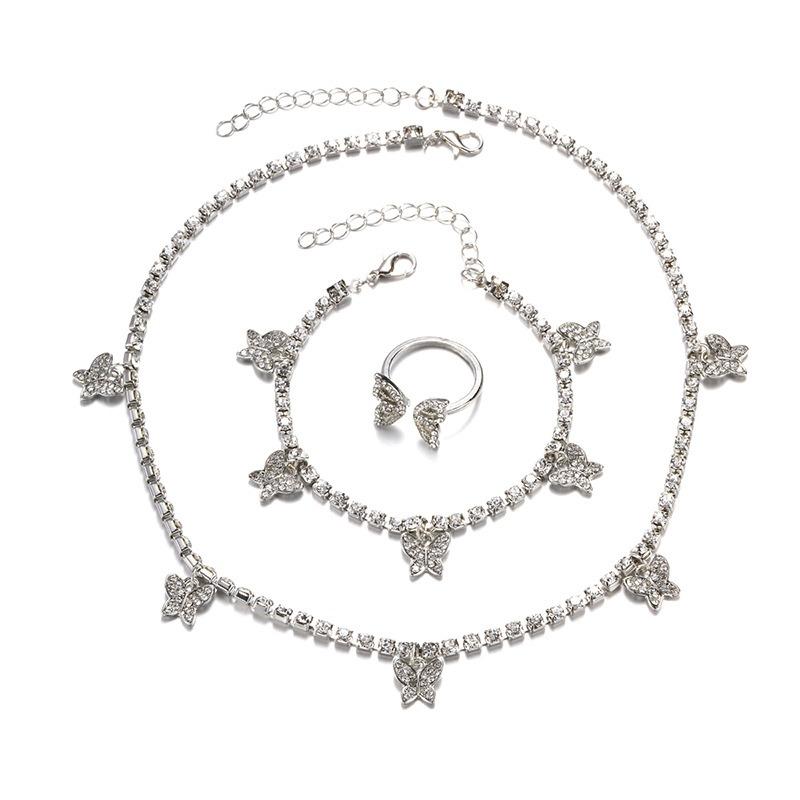 Jewelry Set Alloy Butterfly Pendant Necklace Diamond Bracelet Ring Female