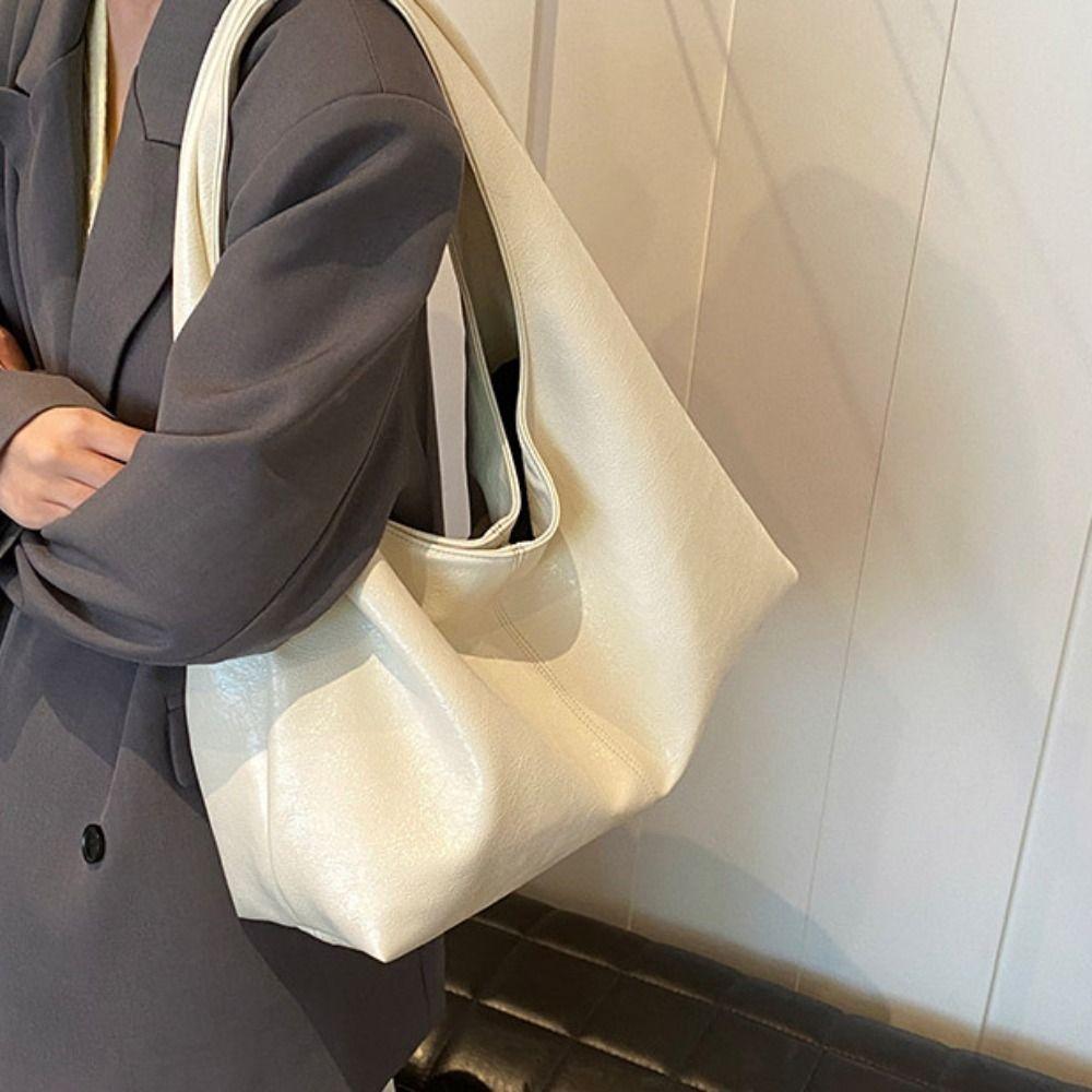 Solid Color Retro PU Tote Bag Tote Bag Underarm Packs Sweet Large Capacity Handbag  Office Worker