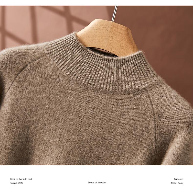 2024 Women's Autumn/Winter Thickened Slim Fit Cashmere Sweater - Semi-High Neck, Solid Color, Warm Knit Base Layer