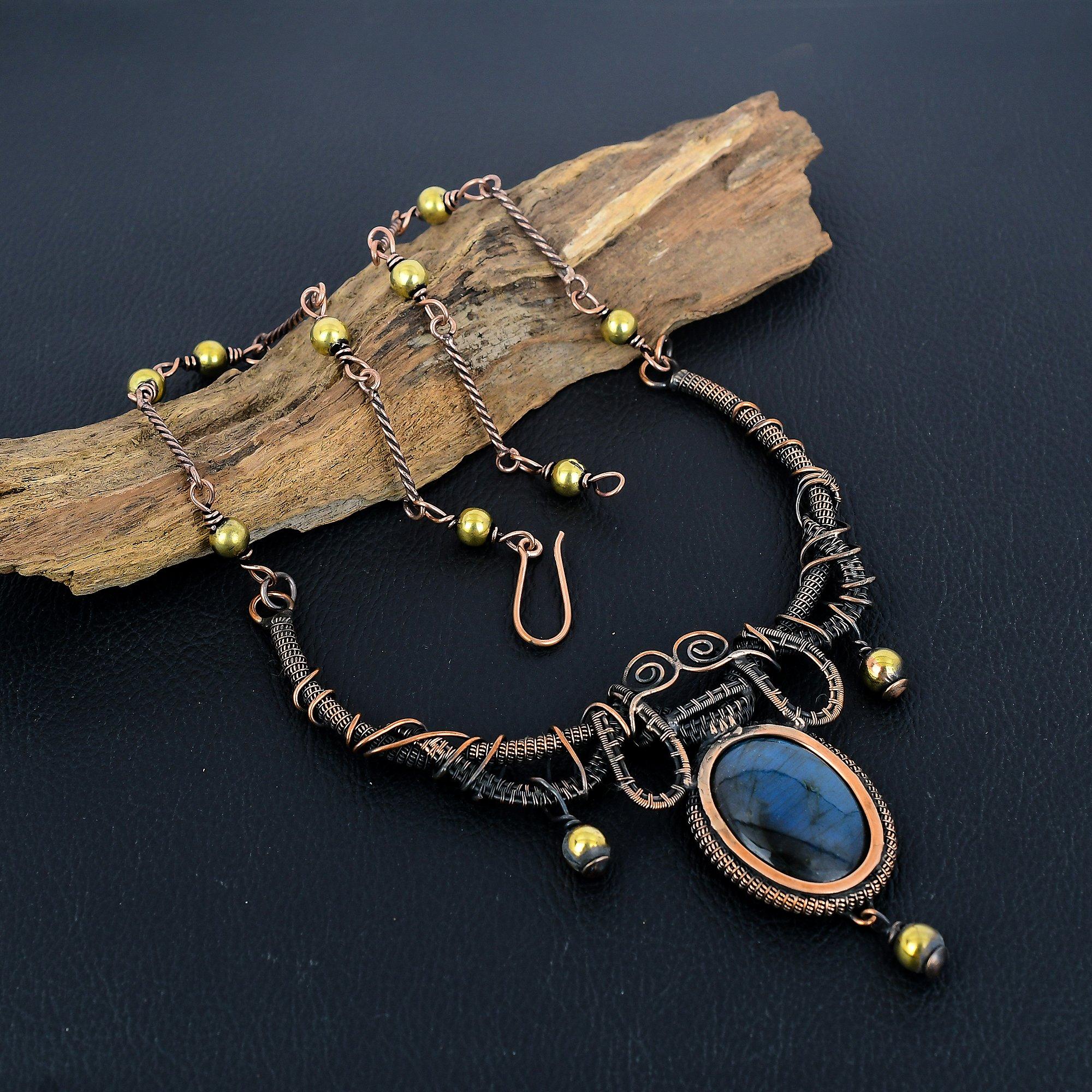 

Ожерелье из лабрадорита, Ювелирное изделие из драгоценного камня, Ожерелье, обернутое медной проволокой 999 пробы, Регулируемое ожерелье-цепочка ручной работы, Ювелирный подарок для жены