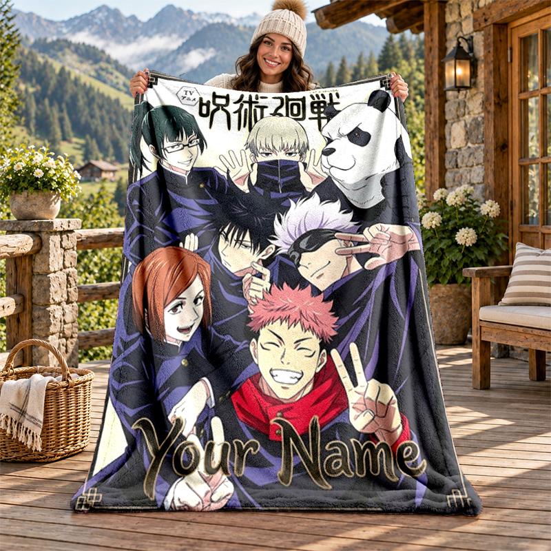 Jujutsu Kaisen Custom Name Flannel Blanket Personalized Soft Warm Plush Throw Blanket Customized Gift for Family Friends
