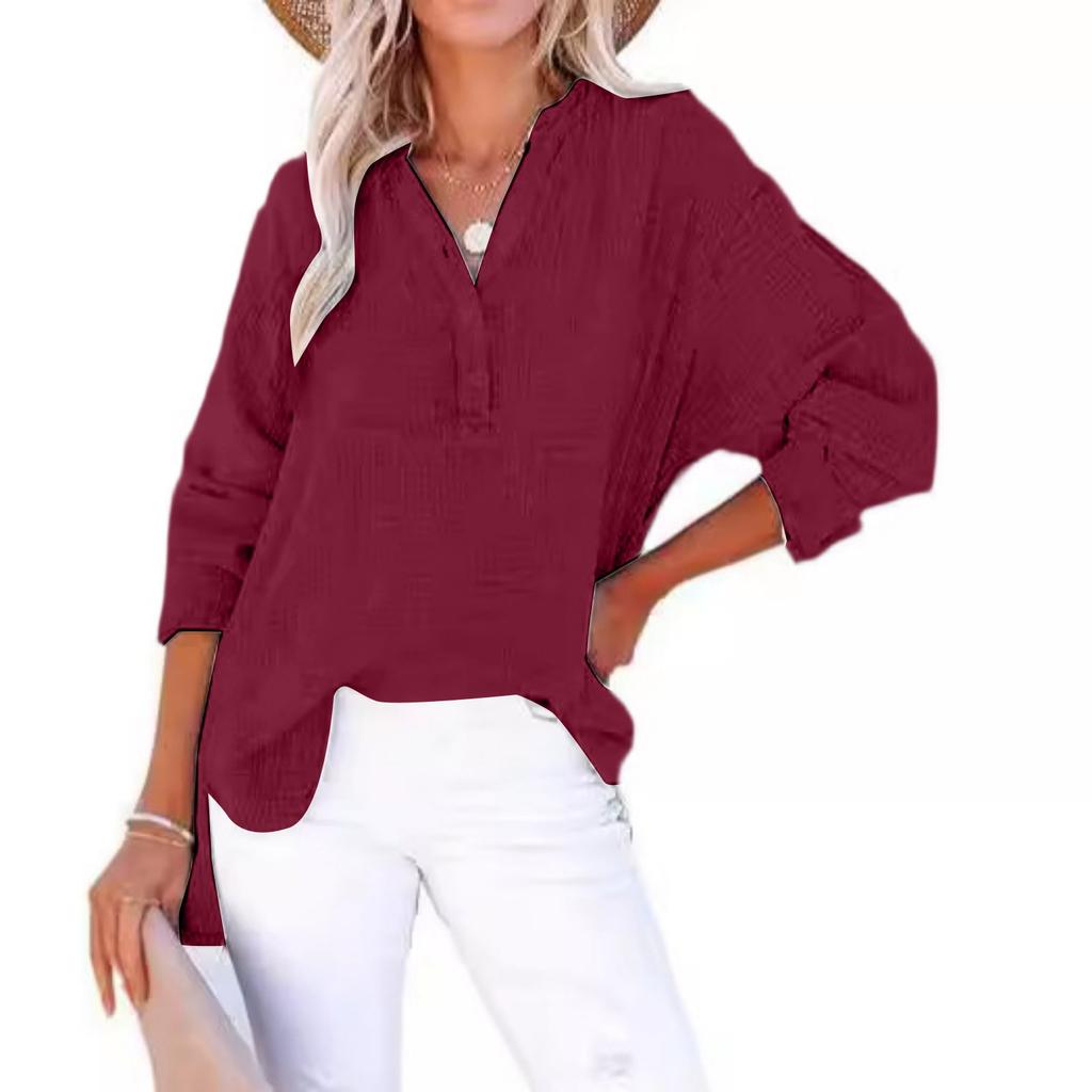 Fashion Women's Pleated Button Long Sleeve Solid Color Tops Women's Shirt Pullover