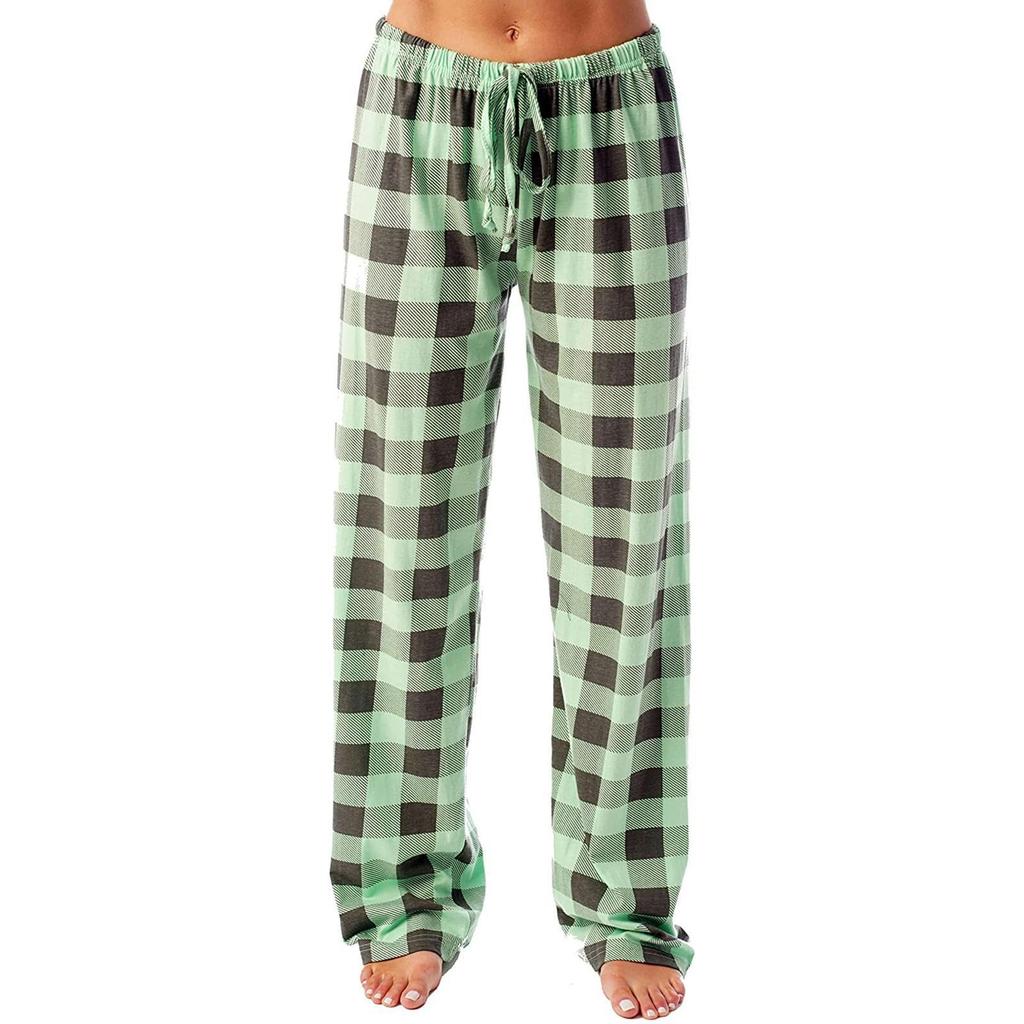 Casual Pants, Elastic Checkered Sleepwear, Loose Drawstring Wide Leg Pants