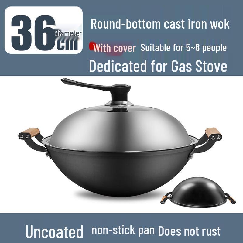 Zijin He s 36cm Double Handle Refined Iron Wok with Standable Steel Lid (2-Pack)