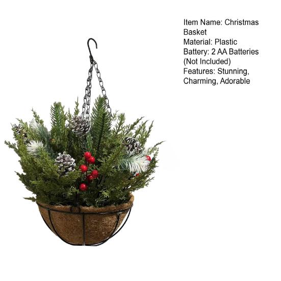 Świąteczne wiszące kosze na zewnątrz Pre-lit sztuczny kosz ze światełkami LED Szyszki jagody do dekoracji świątecznej werandy ogrodu