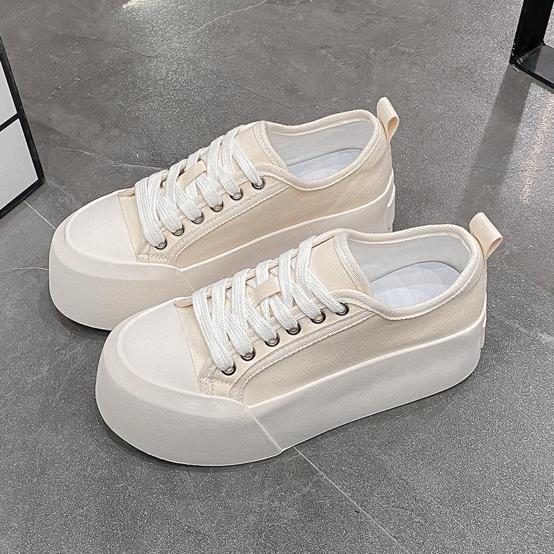 European station thin canvas shoes women's 2025 autumn new one-pedal round head lace-up non-slip thick-soled casual board shoes