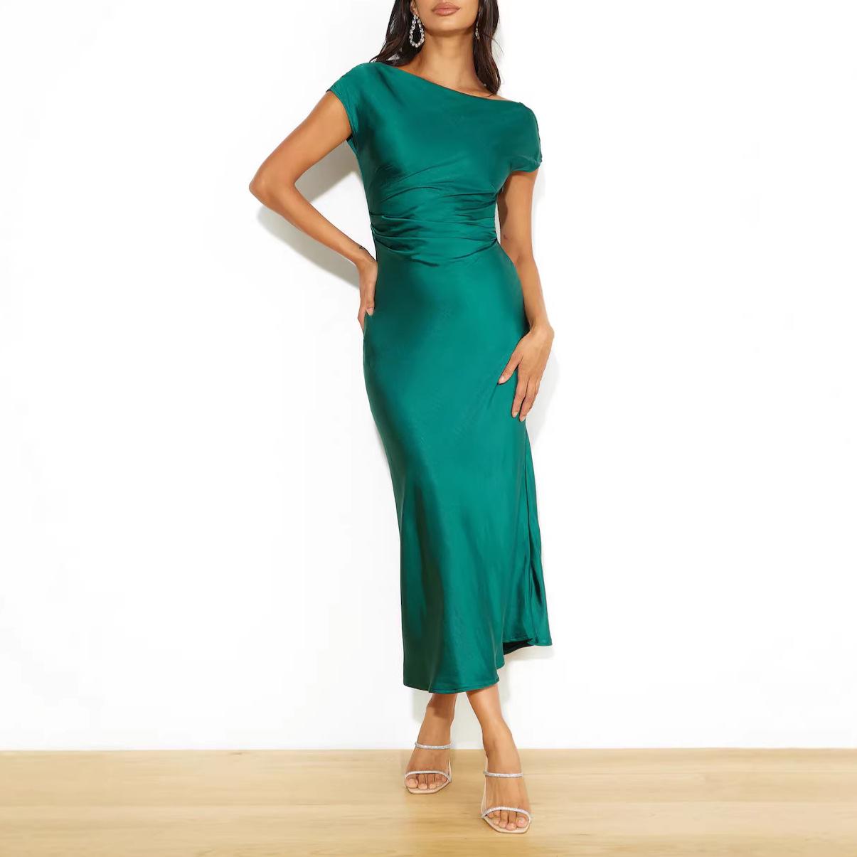 Summer new women s clothing temperament elegant solid color evening dress vacation drape backless dress S