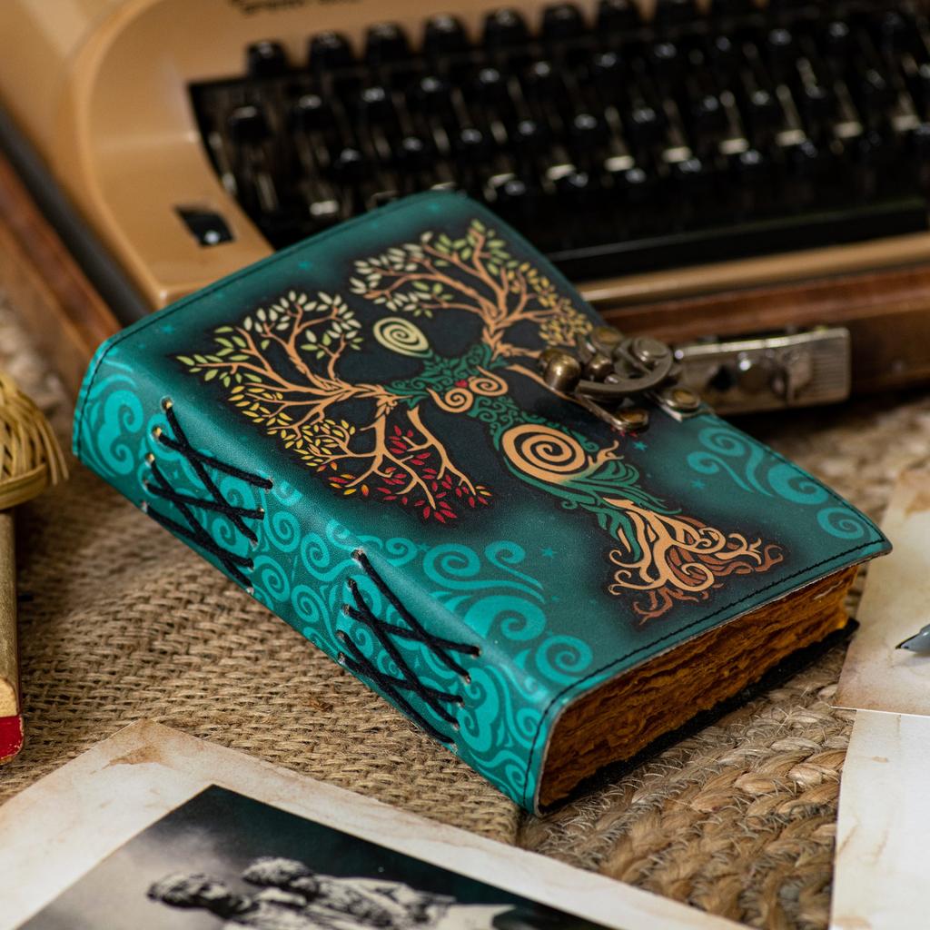 Mother of Earth Leather Journal Writing Notebook Tree of Life Antique Embossed Bound Daily with Colorful Print Journal for Women