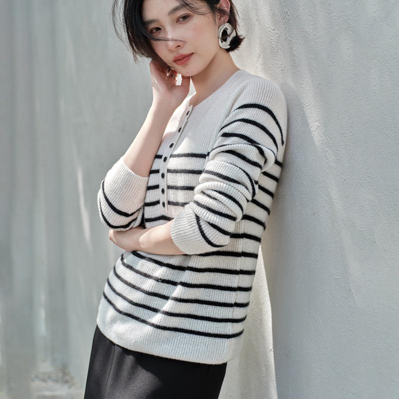 Women's 100% Pure Cashmere Striped Button-Up Raglan Sleeve Cardigan Sweater, Round Neck for Autumn/Winter