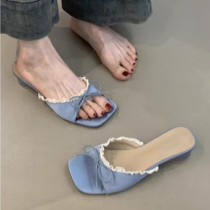 Designer Zomer Vlinderknoop Kant Dames Pantoffels Casual Dikke Lage Hak Jurk Straatstijl Slippers Pantuflas Chinelo Feminino