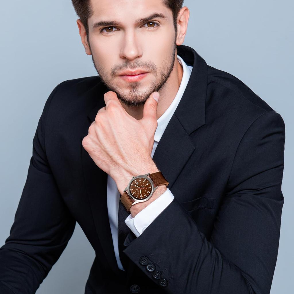 Kalender Leuchtend Analog Einfach und Stilvoll Sport Quarz Braun Nylon Modeaccessoire Perfektes Geschenk für Tag Herren Armbanduhr im Antik-Stil, Wasserdicht