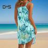 Women Beach Dress Sling Sleeveless Loose Waist Mini Dress Ocean Pattern Summer Vacation Dress Holiday Outfit