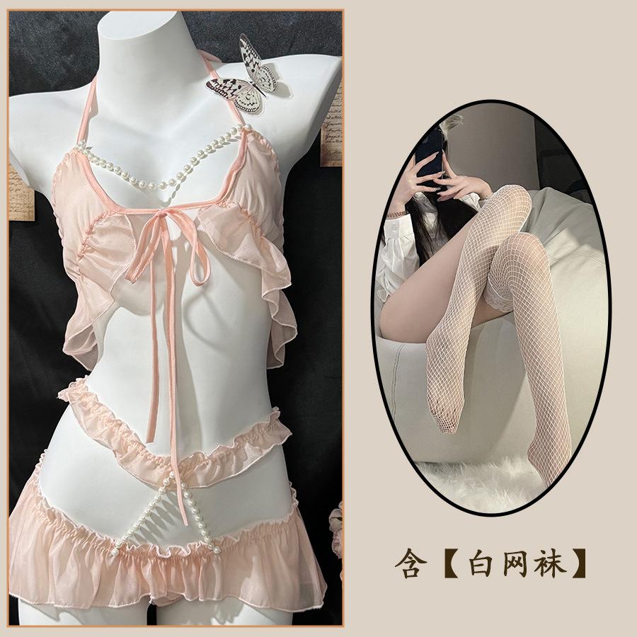 Sexy Underwear Sexy Breast Pearl Neck Three-point Lace Uniform Hip Perspective Cute Woman