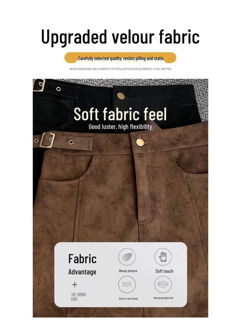 Coffee Suede A-Line High Waist Thickened Short Skirt - Plus Size Women's Hip-Hugging Slim Fit for Spring and Autumn