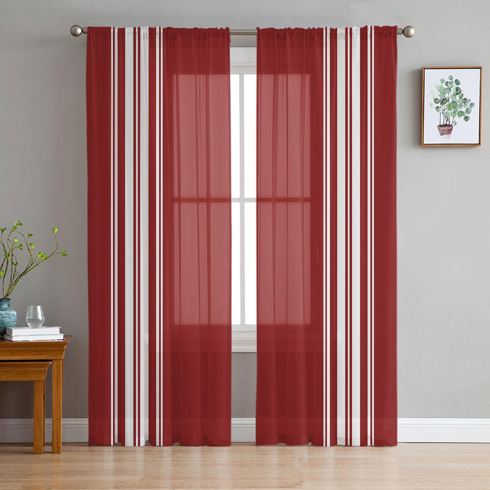 

Christmas Red Stripe Rustic Farmhouse Voile Drapes For Bedroom Tulle Window Opening Curtain For Living Room Translucent Curtains Shades Drapes W135 x H115cm x1&Rod Pocket