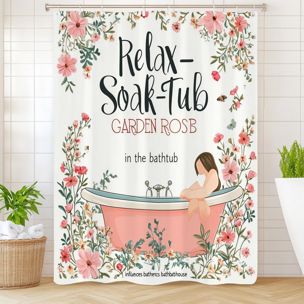 Flowers And Plants In Spring Bathtub Pattern Printed Shower Curtain, Bathroom Decorative Shower Curtain, Home Curtain With Hooks