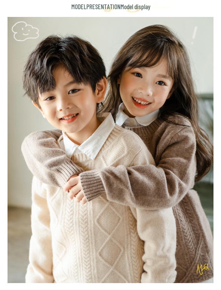 Children's 100% Wool Cable Knit Sweater - Unisex Round Neck for Autumn/Winter