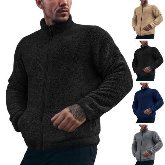 Men Winter Coat Stand Collar Long Sleeve Solid Color Thickened Plush Jacket with Pockets Zipper Closure Outwear