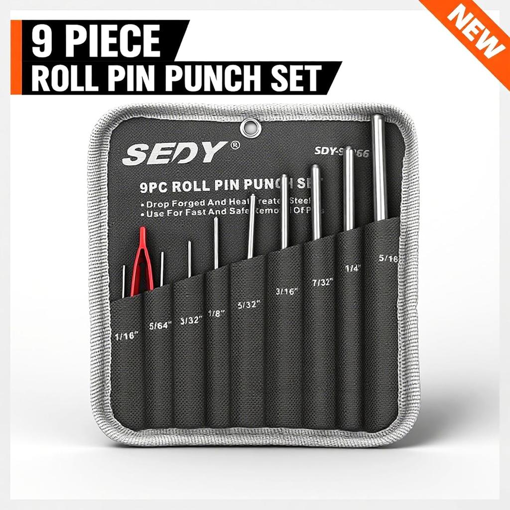 9-Piece Roll Pin Punch Set - Fast Pin Removal - Durable Steel & Construction