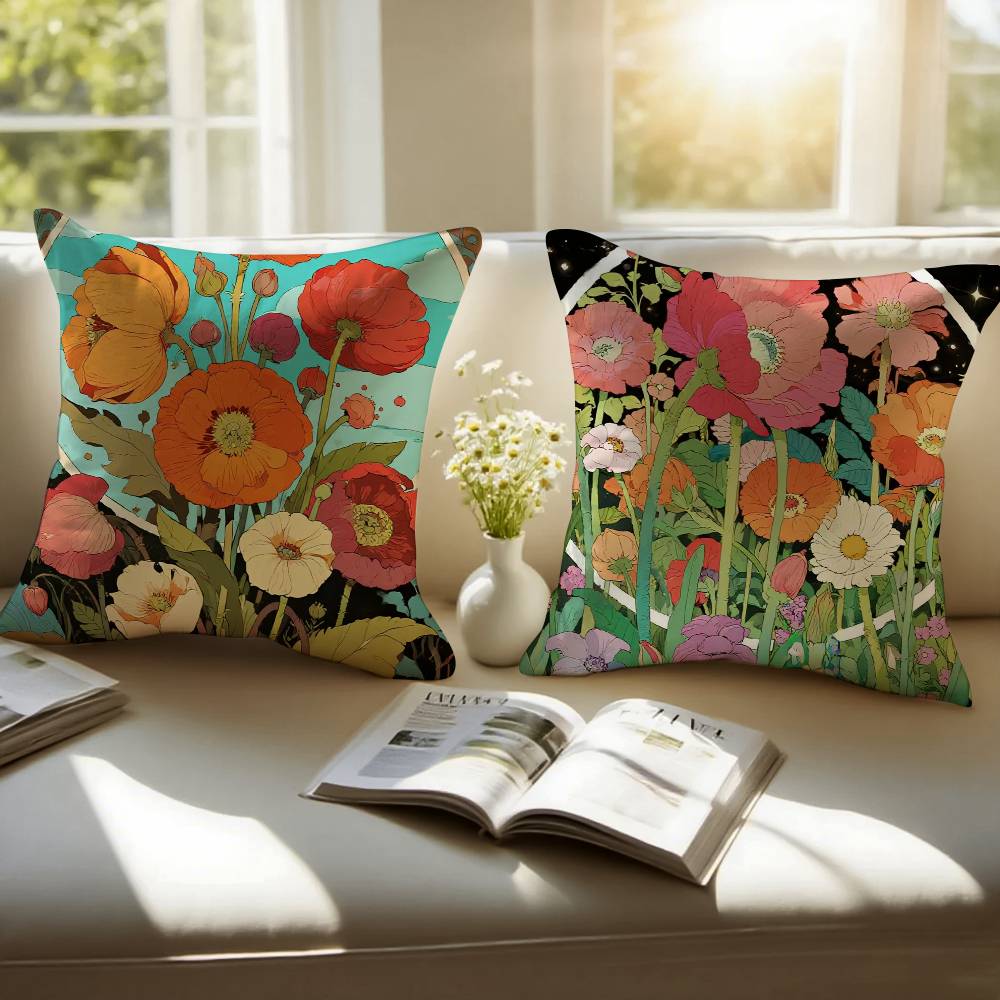 Painted Flowers Pillow Case Sofa and Living Room Decorative Cushion Covers Dust-proof and Mite-proof Invisible Zipper