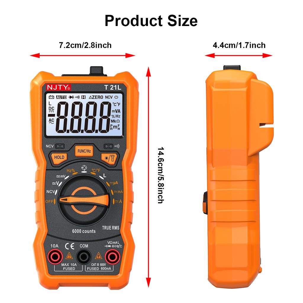 NJTY T21 Professional True RMS Digital Multimeter 6000 Counts True-RMS Auto/ Manual Range AC/DC Voltage Anti-Burn Voltmeter