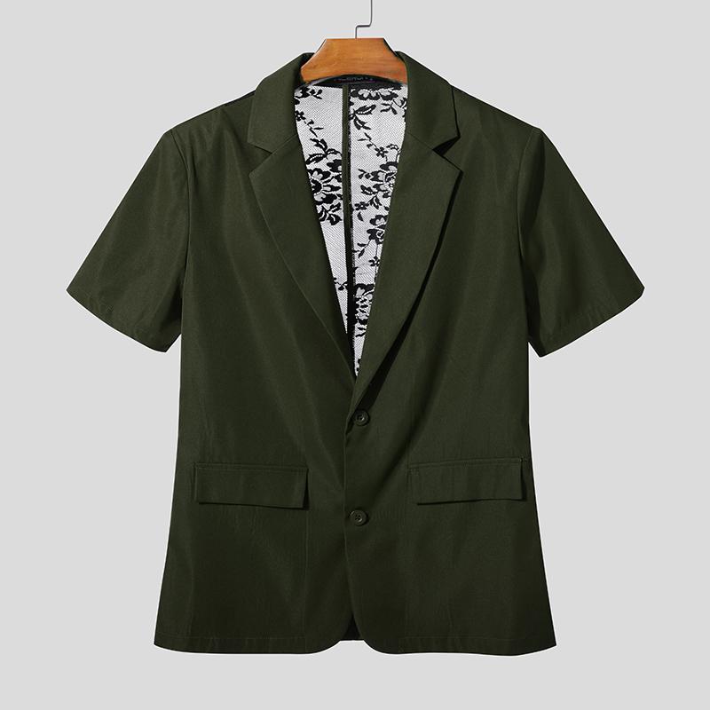 INCERUN Oversized Men Lapel Neck Short Sleeve Back Lace Casual Blazer Tops