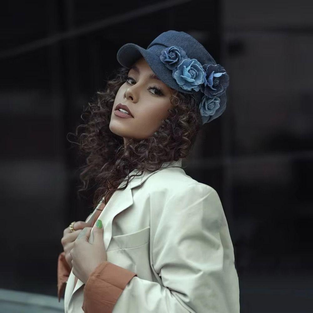 Adjustable Denim Camellia Beret Hat Korean Style Painter Caps Trendy Flower Flat Top Hat  Travel