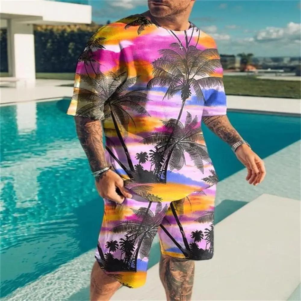 Men's Cool Hawaii T-shirt Set 3D Print Vacation Casual Style T-shirt Shorts 2Pcs Set Summer Beach Fashion Clothing
