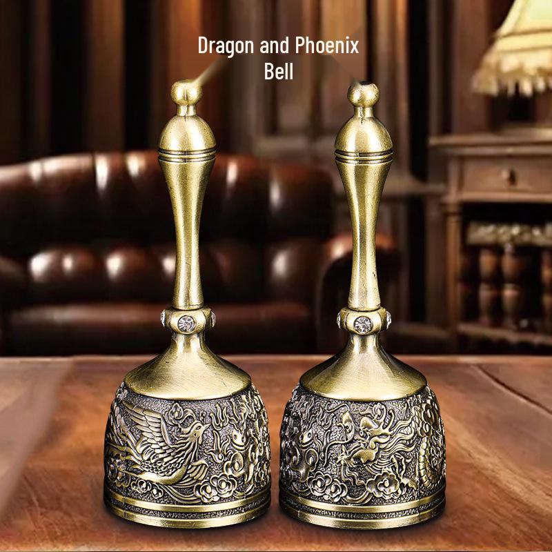 Bronze Dragon & Phoenix Bell - Embossed Metal Hand-Crank Bell for Restaurants, Bars, Dining Tables, and Classrooms