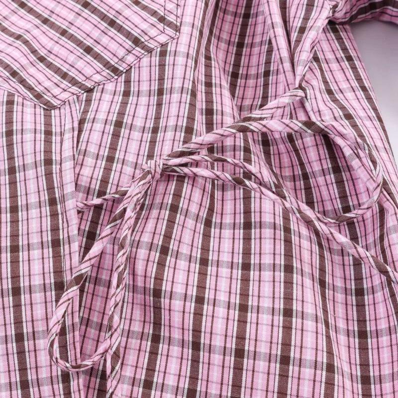 ZA Womens Slim-fit Pink Black Plaid Shirt Versatile Casual Workwear Top