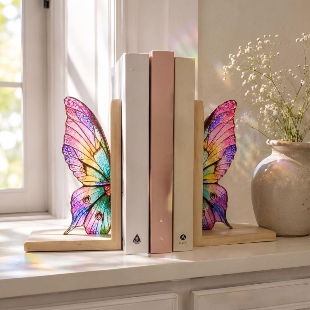 Acrylic Butterfly Wings Bookend Set Colorful Book Support with Bases Book Ornaments For Bookshelf