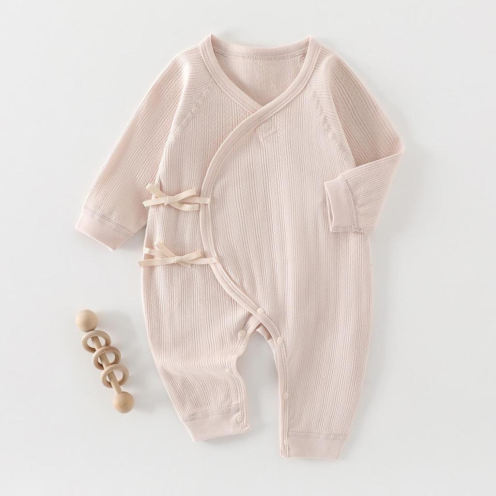 Pure Cotton Long-Sleeve Butterfly Bodysuit for Infants and Toddlers - Belly Protection, Lace-Up Design, One-Piece Home Wear, Spring