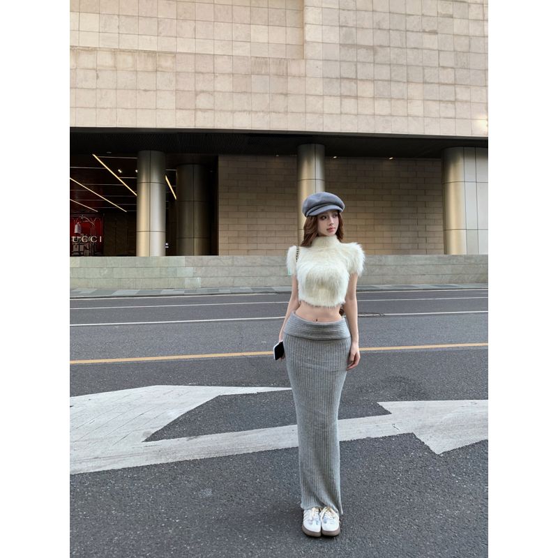 

Kumikumi Pure Desire Style High Tie Oversleeve Plush Short Sweaters Women s Clothing Autumn Slimming Skirt Two-piece Set Gray overskirt L
