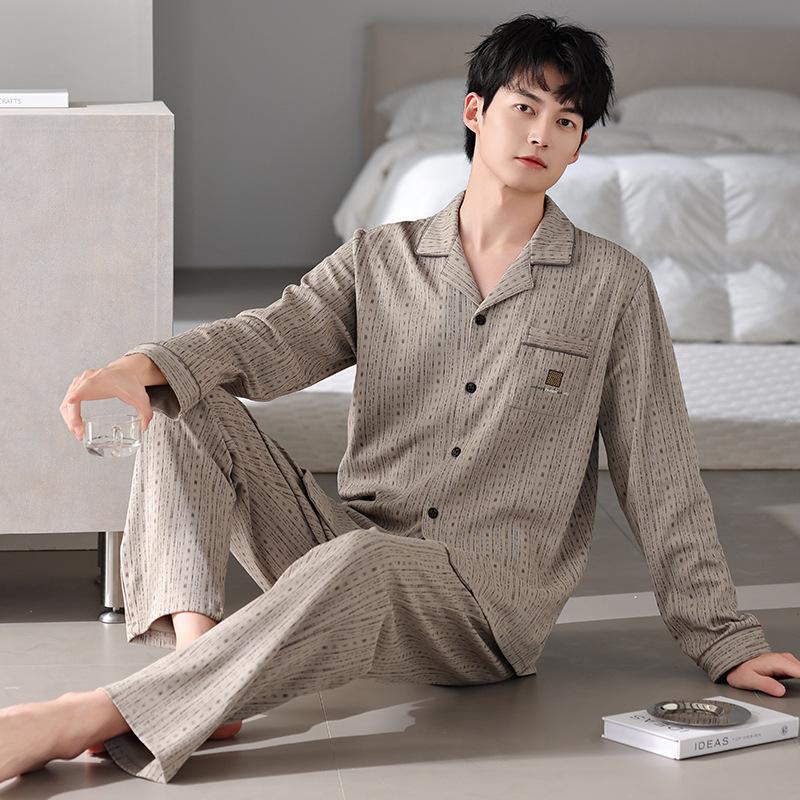 Men'S Pajamas Men'S Spring And Autumn Models, Pure Cotton Long-Sleeved Men'S Autumn Cotton Loungewear Set