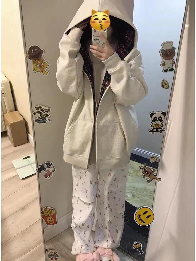 Women's Retro Plaid Patchwork Hooded Fleece Cardigan Jacket