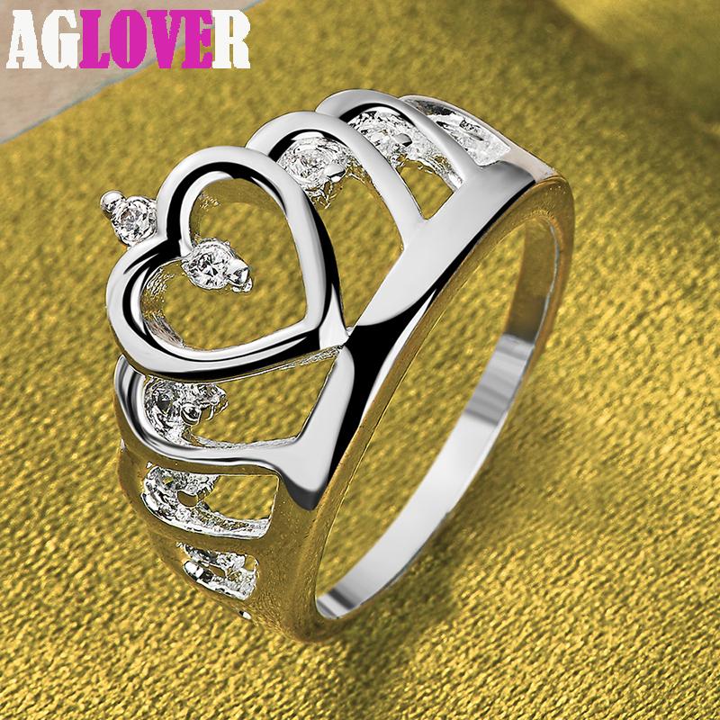925 Sterling Silver AAA Zircon Heart Crown Ring Jewelry