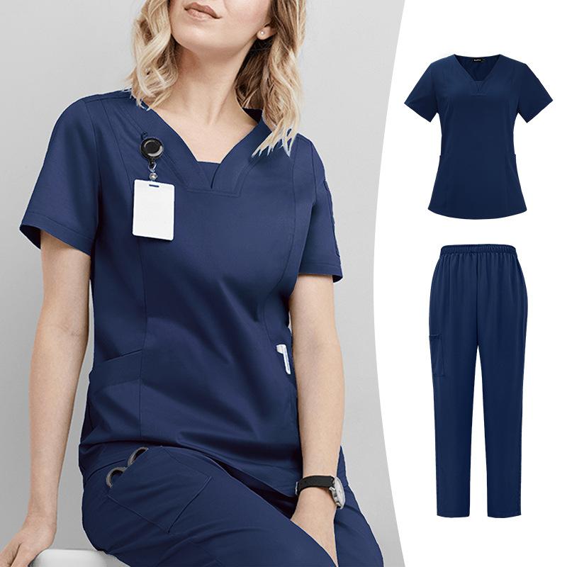 Women Nurse Uniform Two-piece Set Summer Elastic Quick-drying Thin Section V-neck Short-sleeved + Straight Trousers Hand-washing Clothes