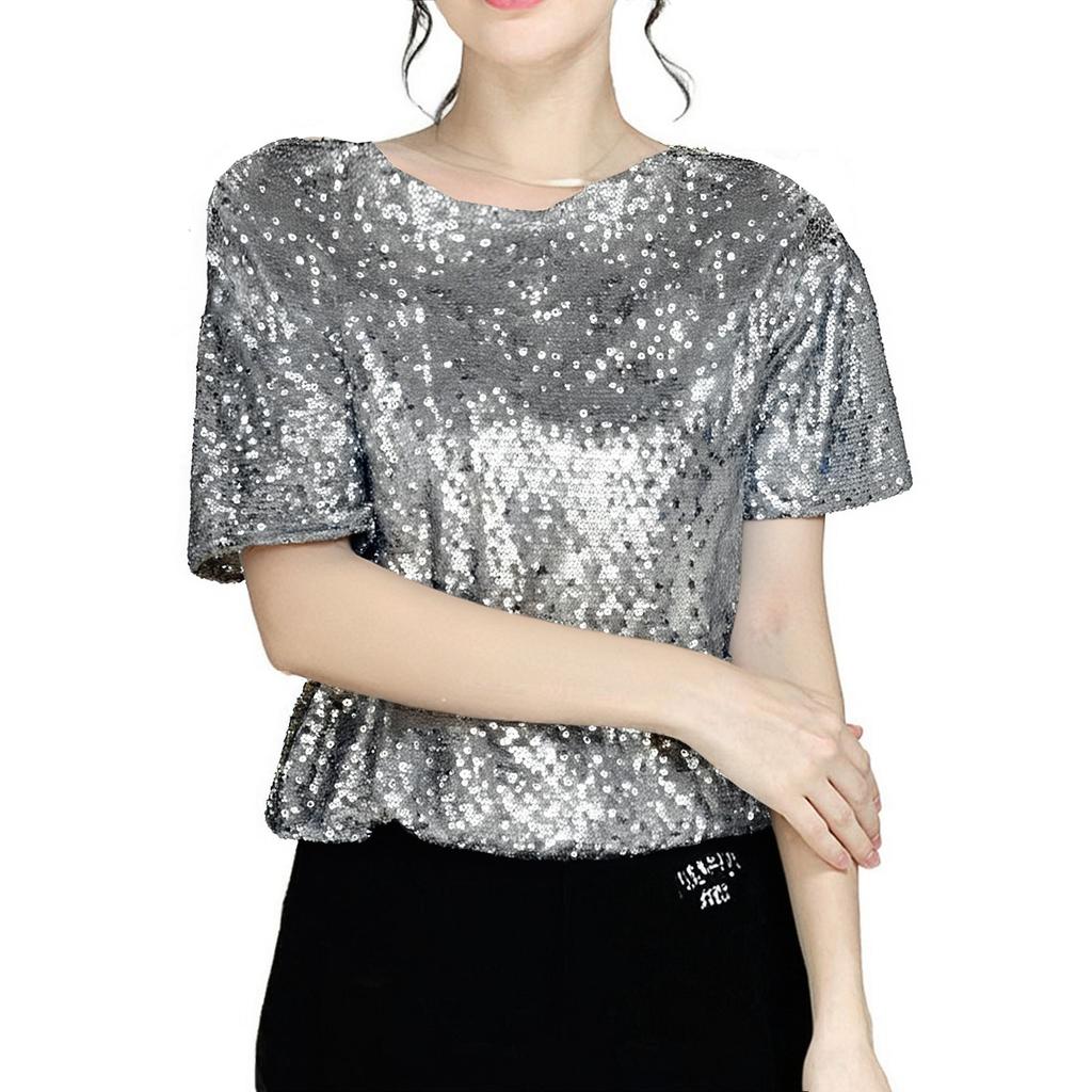Women's Solid Color Sequined Round Neck Loose Casual Short Sleeve T-Shirt Top